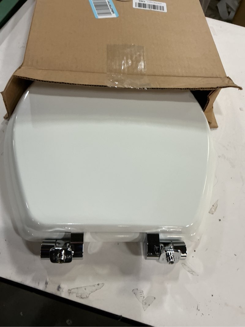 Condition photo showing Good Condition for Mayfair Bennett Toilet Seat with Chrome Hinges, Slow Close Wood Seat, Secure Metal Hinges, Easy Install, Made in USA, Round, White Round Chrome