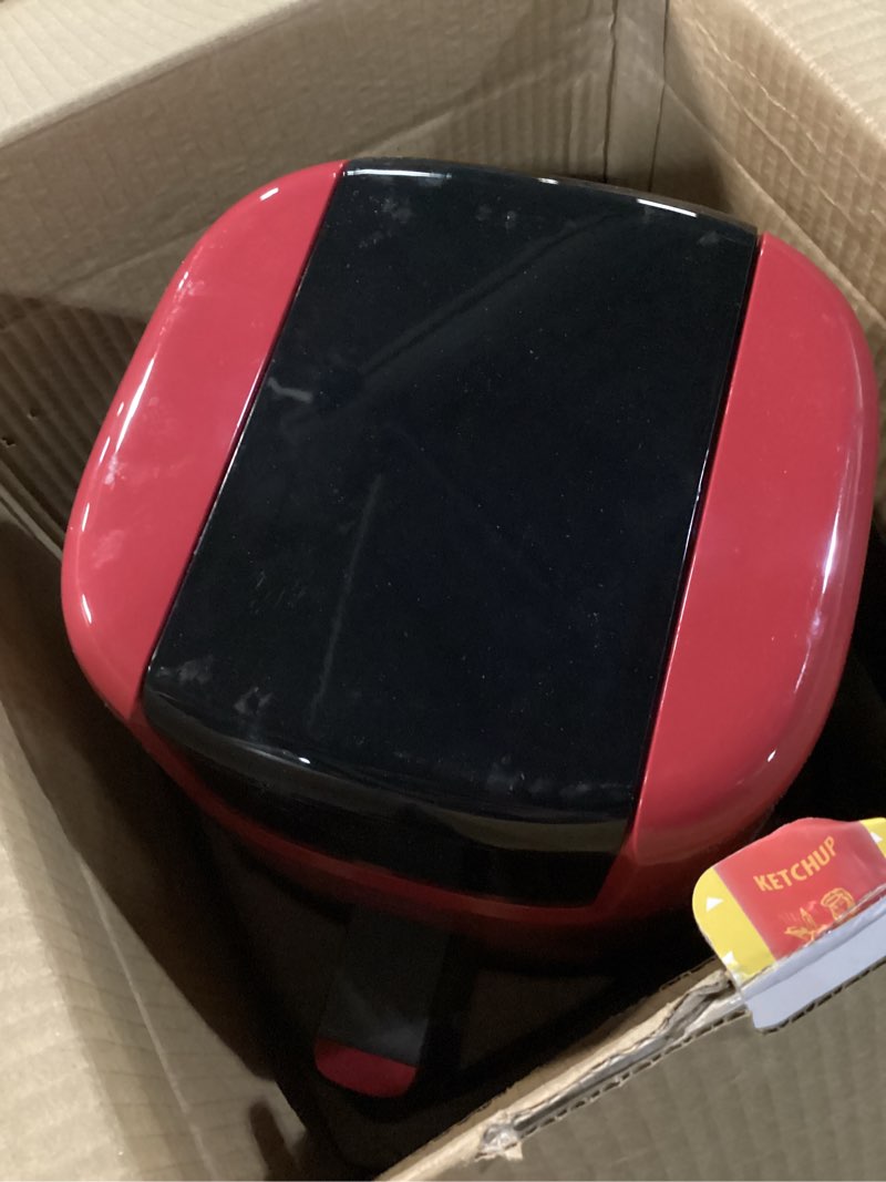 Condition photo showing As Is for chefman 2 qt mini air fryer – digital space-saving compact air fryer with nonstick and dishwasher safe basket, quick & easy meals in minutes, features digital timer and shake reminder – red 2 quart red