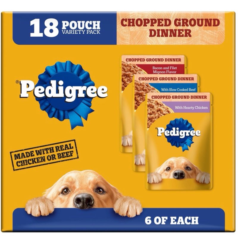 best before : 03/2926 pedigree chopped ground dinner chicken, steak, beef and bacon flavor pouch variety pack wet dog food - 63oz