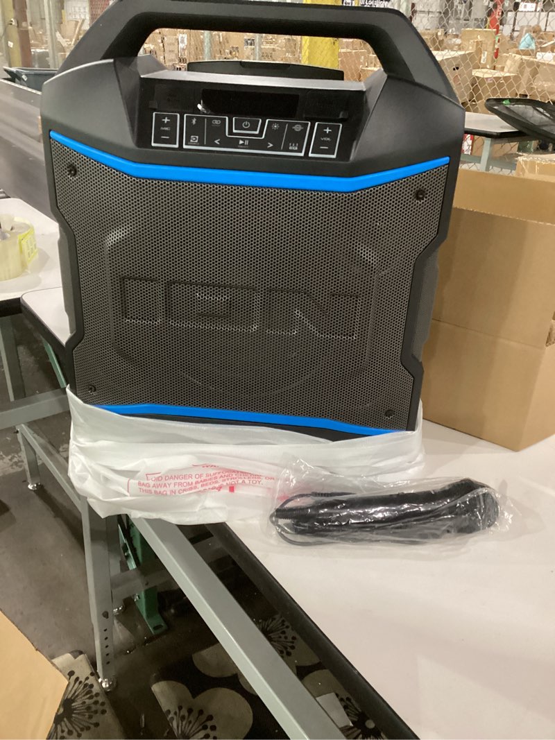 Condition photo showing As Is for not tested ion block rocker - portable bluetooth outdoor party speaker with karaoke microphone, battery, 4 speakers, radio, usb port, app, water-resistant, 120w 120w water-resistant ultra wide sound