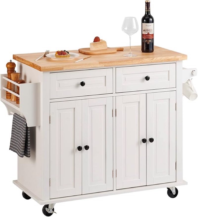 vevor kitchen island cart with solid wood top, 35.4" width mobile carts with storage cabinet, rolling kitchen table with spice rack, towel rack, and drawer, portable islands on wheels, white