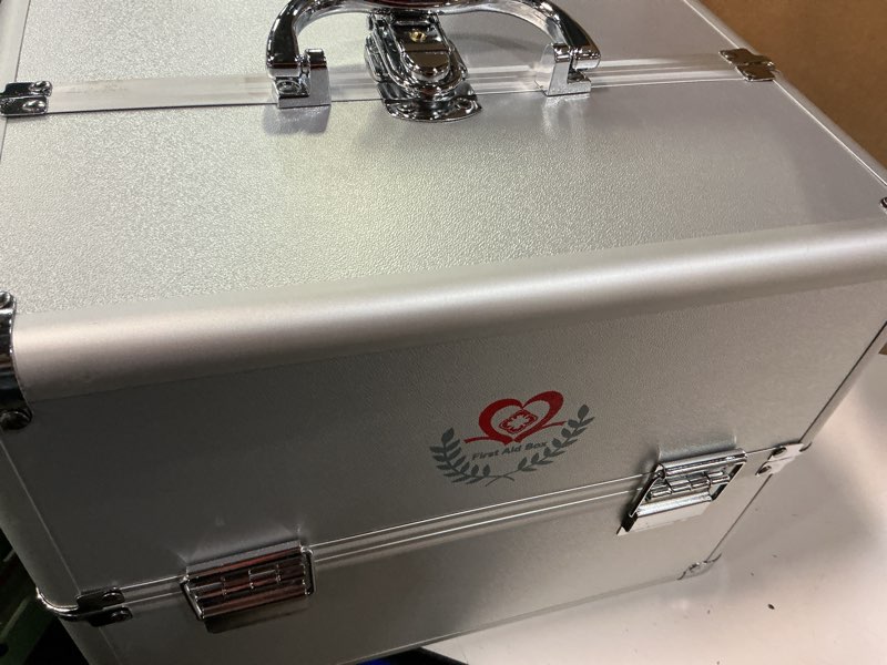 Condition photo showing As Is for double opening medicine box military portable metal medical box,emergency kit box with handle/shoulder strap,suitable for home, travel, camping, workplace,30 * 22 * 24.5cm 30*22*24.5cm