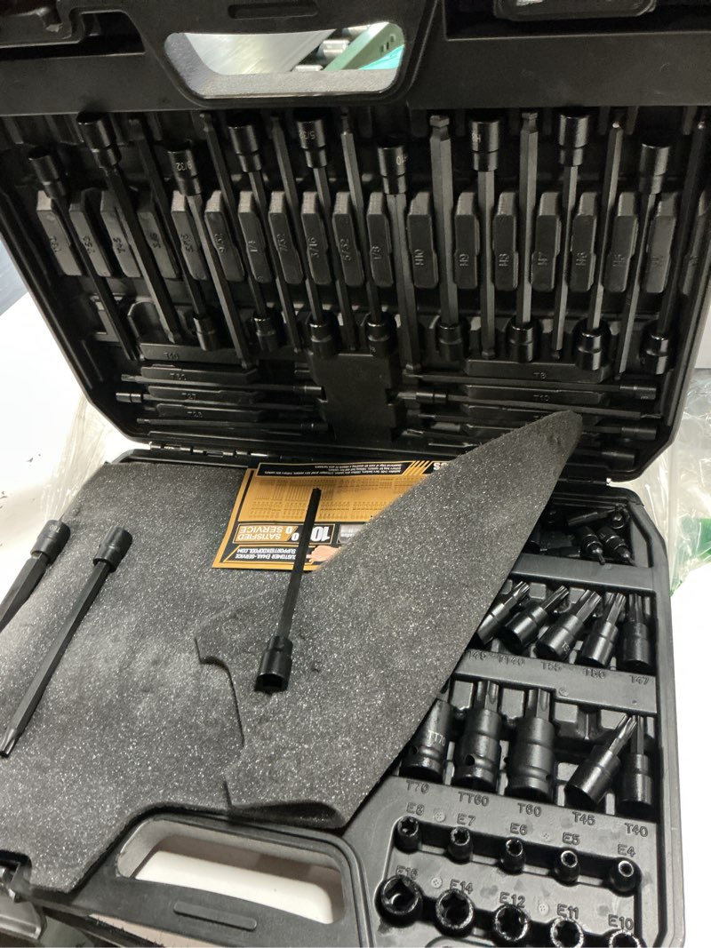 Condition photo showing Good Condition for 107-piece master torx & allen bit socket set, s2 steel, 1/4" 3/8" 1/2" drive, long torx, ball end hex, tamper-resistant star, e-star sockets, sae & metric (phosphate-black set)