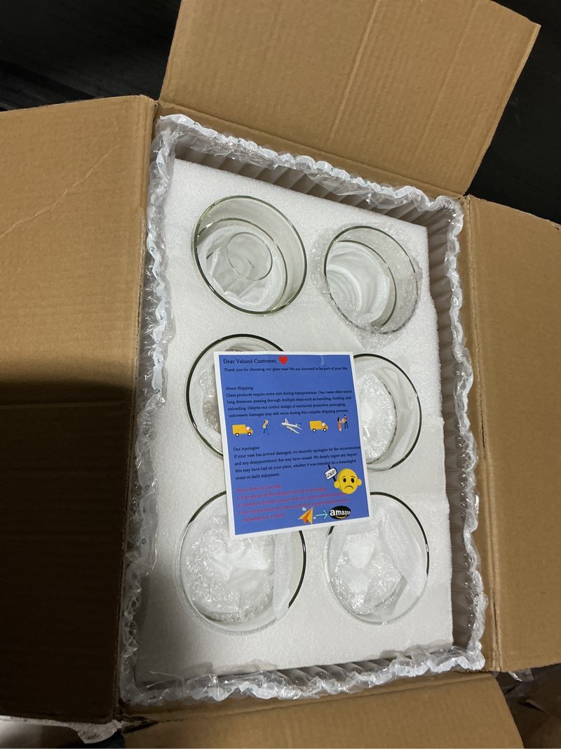 Condition photo showing As Is for incomplete 30pcs 11.8inch large size glass vase cylinder for centerpieces small flower glass clear home decor centerpiece table flower vase decorations for wedding?holiday 6,7.9,10,10,11.8inch tall clear 30pack-6+7.9+10+10+11.8inches