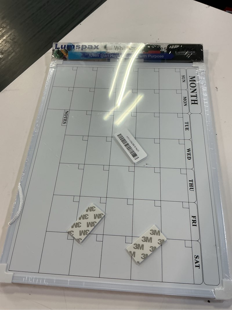 Condition photo showing New/Like New for monthly whiteboard calendar for wall, small 16" x 12" dry erase board with plastic frame, hanging dry erase calendar with 3 mini sticky notes for kitchen planner, memo, home and office white 12"w x 16"h