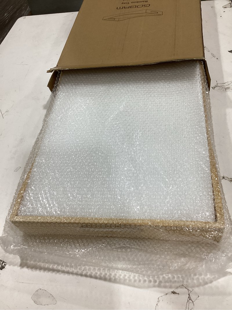 Condition photo showing New/Like New for gobam bamboo serving tray with handles, 19.7 x 13.8 inch rectangular decorative tray for entryway, kitchen, dining & living room, large wooden breakfast trays for bed, coffee table & ottoman natural 19.7" x 13.8" x 2.4"