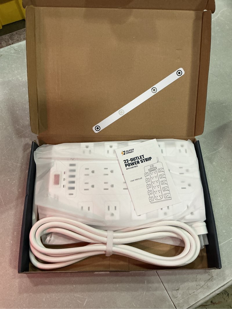 Condition photo showing Good Condition for 10ft extension cord with multiple outlets, superdanny surge protector power strip (1875w/15a), 22 ac outlets and 6 usb charging ports, wall mountable for home, office, gaming room, 2100 joules, white white 6 usb - 10 ft
