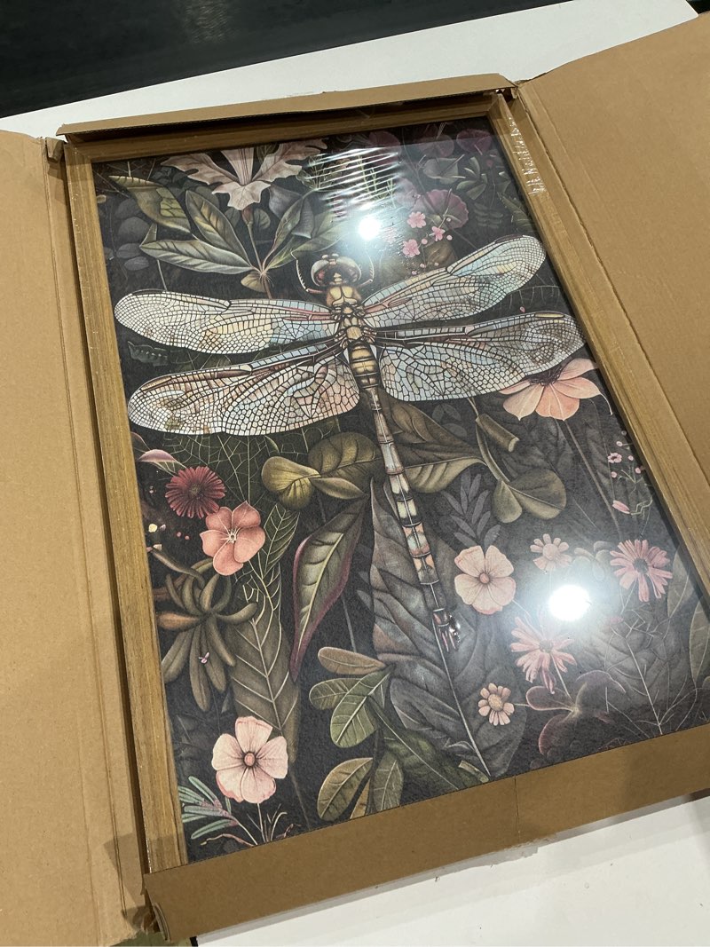 Condition photo showing Good Condition for framed vintage 3d textured wall art - dark green dragonfly flowers wall decor - hand drawn sandstone nature botanical pictures for living room bedroom home decor 16x24in colorful dragonfly 24l" x 16w"