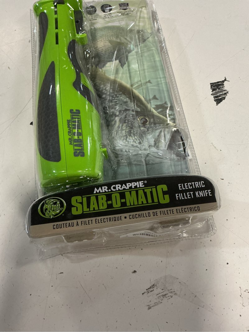 Condition photo showing As Is for smith’s mr. crappie slab-o-matic electric fillet knife - removable 8” & 4.5” serrated stainless steel blades w/ sheaths - fillet glove & mesh storage bag - fishing, outdoor, hunting electric knife