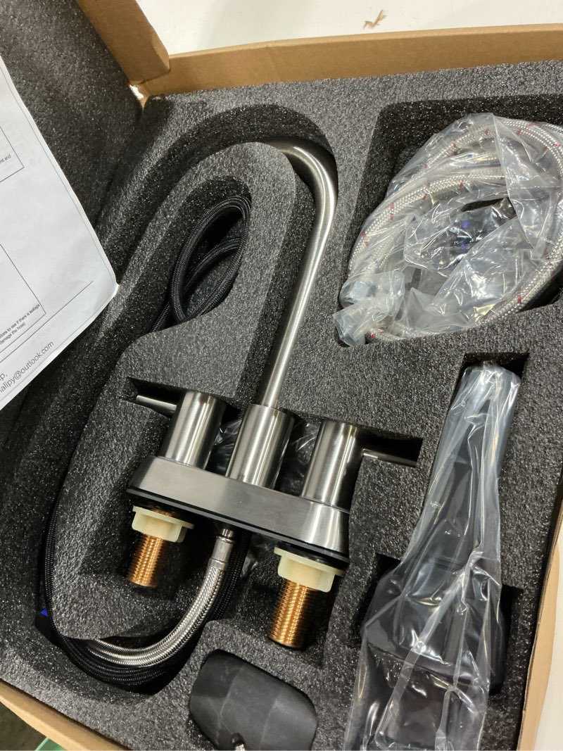 Condition photo showing Good Condition for stainless steel brushed nickel bathroom faucet with pull out sprayer, dual-function spout bathroom sink faucets, 4 inch two handle utility sink faucet with sprayer 3 hole, pet shower, rvs