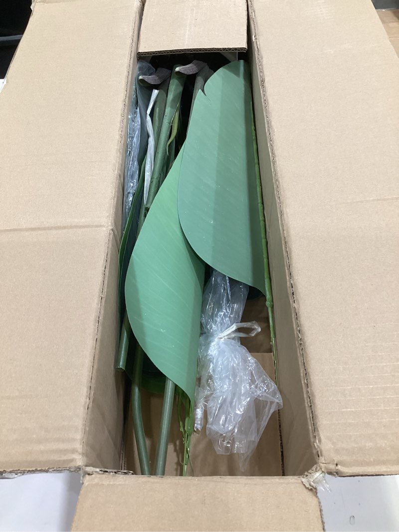 Condition photo showing As Is for artificial bird of paradise plant 4ft fake tropical palm tree with 8trunks faux banana leaf trees in pot for home indoor outdoor office modern decor housewarming gift?1pcs? 1pack 4ft