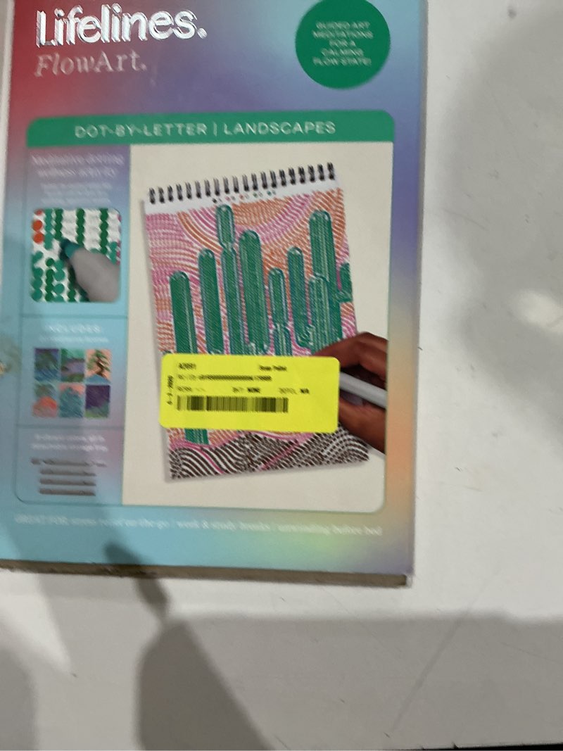 Condition photo showing Good Condition for lifelines flowart dot-by-letter activity pad, guided dot art meditations with 4 double-sided markers, landscapes scenes, 20 pages