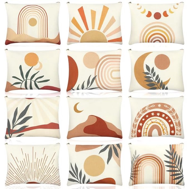 Kajaia 12 Pcs Boho Makeup Bags Bulk for Woman Rainbow Sunshine and Moonlight Makeup Organizer Zipper