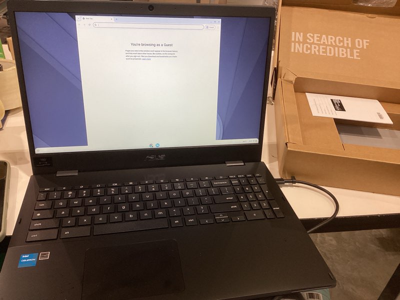 Condition photo showing As Is for asus chromebook cx1, 15.6" fhd nanoedge display, intel celeron n4500 processor, 128gb emmc storage, 4gb ram, chromeos, mineral gray, cx1500cka-ss48f 4gb | 128gb
