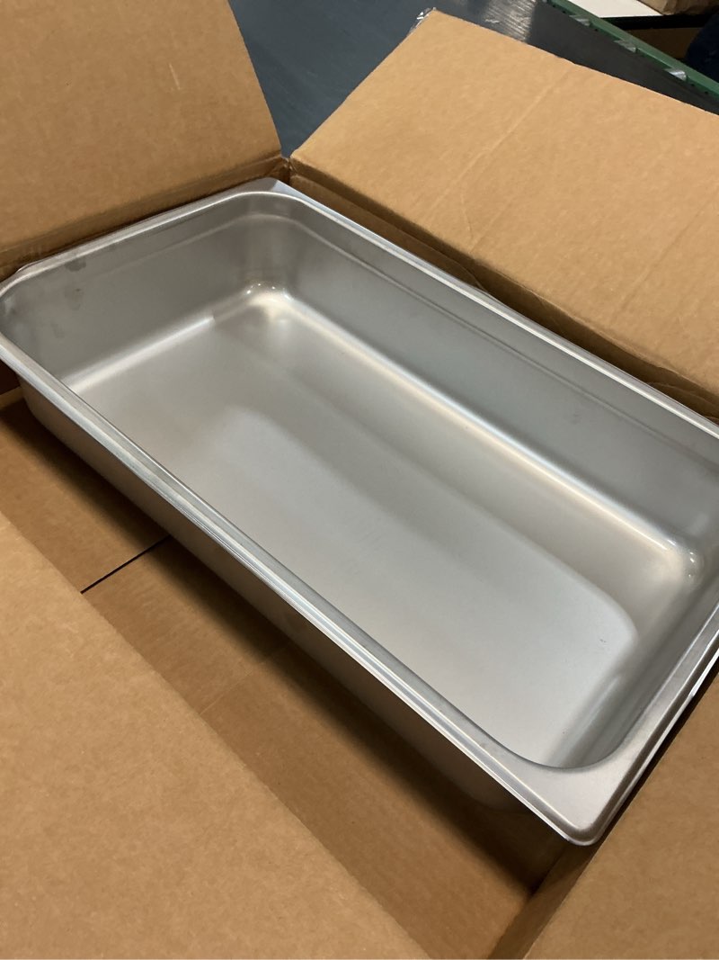 Condition photo showing As Is for winco anti-jamming steam pan, full-size x 4-inch,stainless steel,medium 4" deep steam pan, full-size