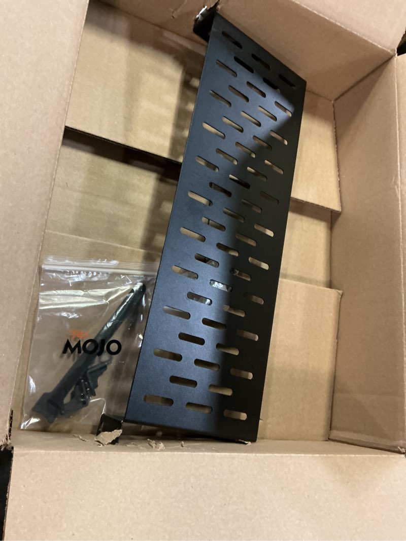 Condition photo showing As Is for Tecmojo 1U Rack Shelf,19 inch Width 6 inch Depth,Rack Mount Shelf with Anti-Slip Stops,Server Rack Shelf and Network Shelf for 19 in Equipments, 55lbs Capacity of Vented 1U Shelf,Black,No Lip 6 in/1pack