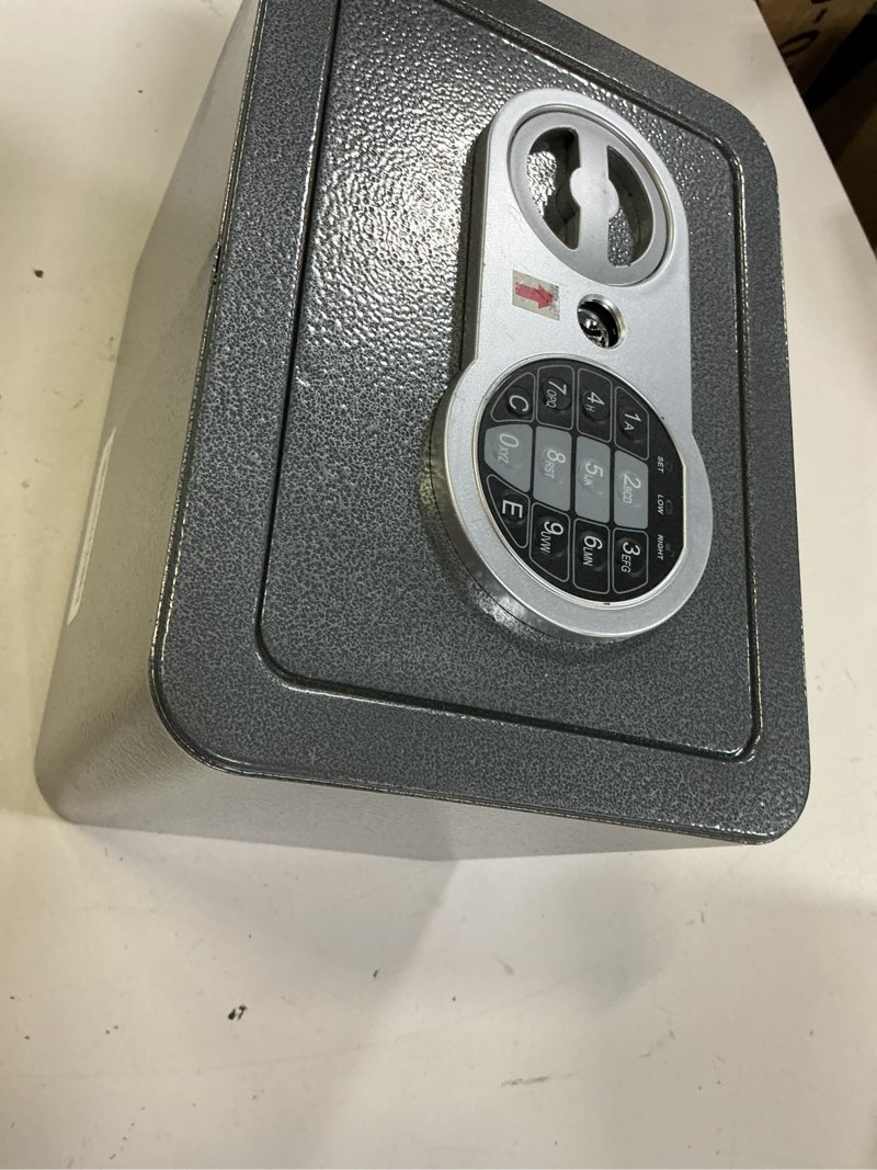 Condition photo showing Good Condition for 0.23 cubic feet safe box, small safe w/fireproof bag, keys & pass code, digital electronic security money box for cash, document, home, office, hotel use, black, 6.69"d x 9.06"w x 6.69"h black 0.23 cubic feet
