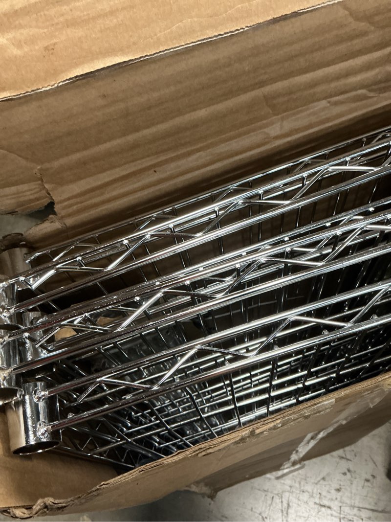 Condition photo showing As Is for 1750 lbs storage shelves 5-tier utility shelving unit steel organizer wire rack for home,kitchen,office,garage, capacity 17.7" d x 47.2" w x 72.3" h 5 tier, 17.7"d x 47.2"w x 72.3"h chrome