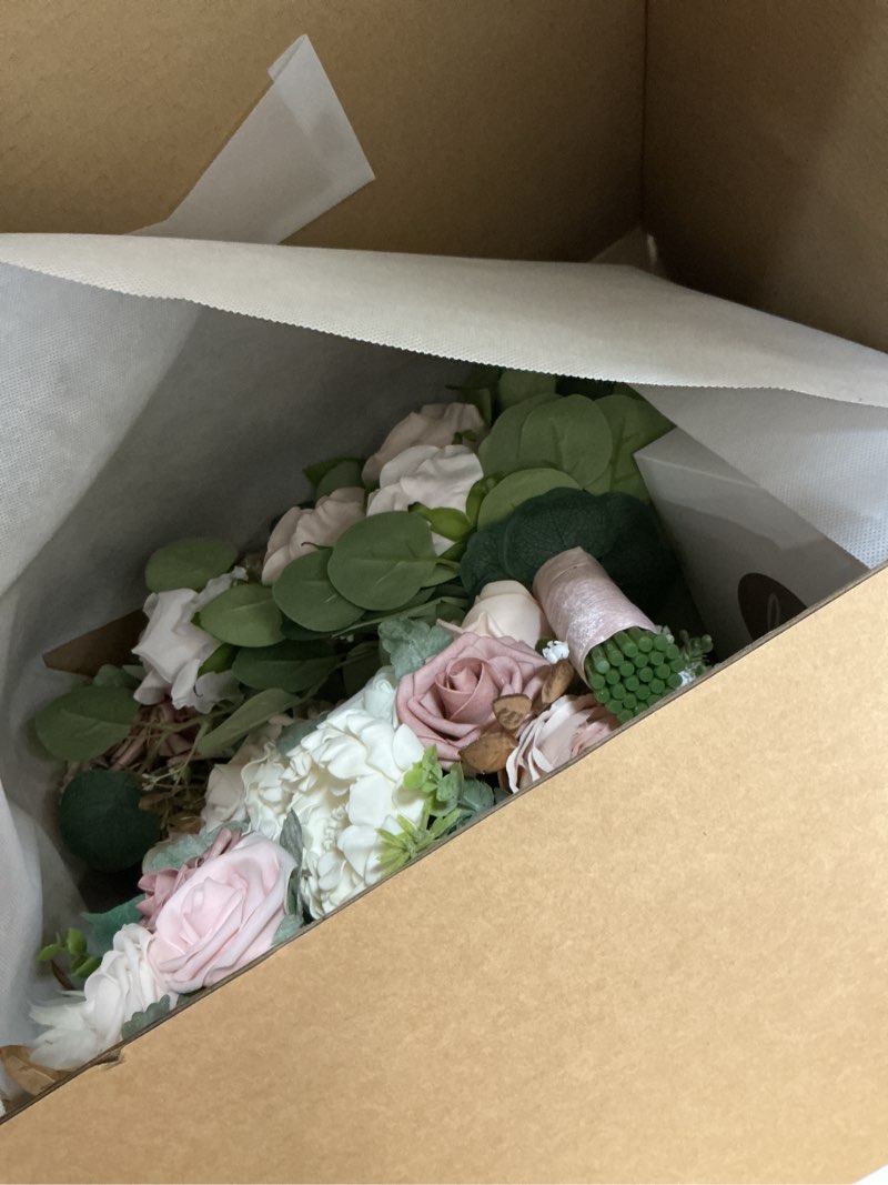 Condition photo showing Good Condition for ling's moment wedding artificial flowers package, bridal bouquet, bridesmaid bouquets, boutonniere for men, rose petals.dusty rose cream pk-dusty rose & cream