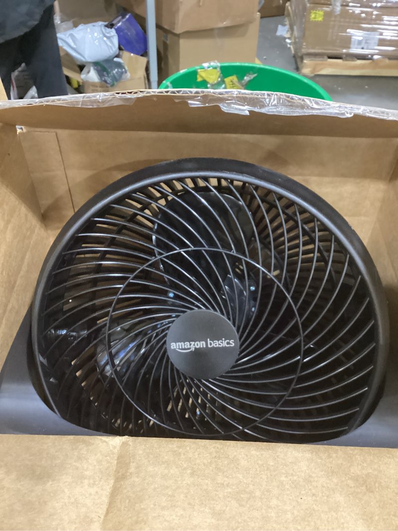 Condition photo showing As Is for Amazon Basics Air Circulator Fan, Desk Fan for Bedroom, Home and Office, With 90-Degree Tilt Head, 3 Speed Settings, Lightweight (4.2 LBS), 70 Watts, Black, 14.8"Wx7.6"Dx14.1"H 14.8"W x 7.6"D x 14.1"H