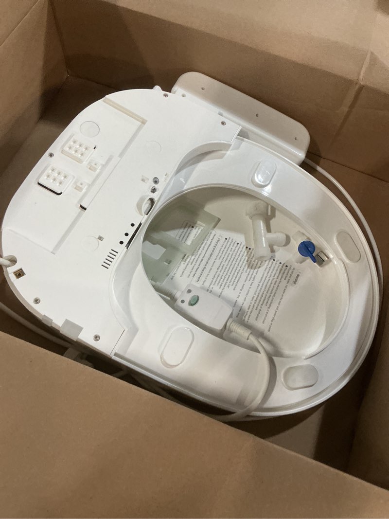 Condition photo showing As Is for round bidet toilet seat, smart heated toilet seat with warm water and dryer, soft close bidet seat with adjustable temperature, stainless steel nozzle