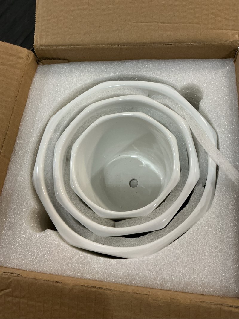Condition photo showing New/Like New for white ceramic planter, plant pots indoor with drainage, 6.5+5.5+4.5 inch octagon modern decor flower pots for succulents and cactus, perfect for desk, window sill, living room 1-pure white