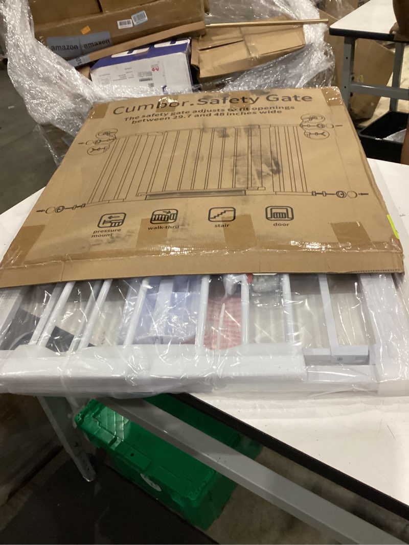 Condition photo showing New/Like New for cumbor 29.7-48" baby gate for stairs, mom's choice awards winner-dog gates for doorways, auto close safety pet gate for dogs indoor, easy install pressure mounted child gate with walk thru door, white white 29.7-48"w x 30.5"h