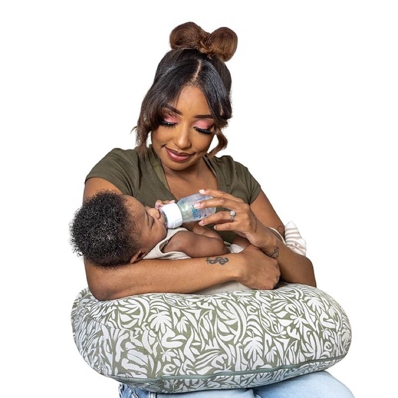 Boppy Nursing Pillow - Ergonomic Bottle & Breastfeeding Pillow, Higher, Firmer & Larger, Water-Repellent with Washable Organic Cotton Cover, Baby Safety Alliance Verified - Green Cut Out Leaves