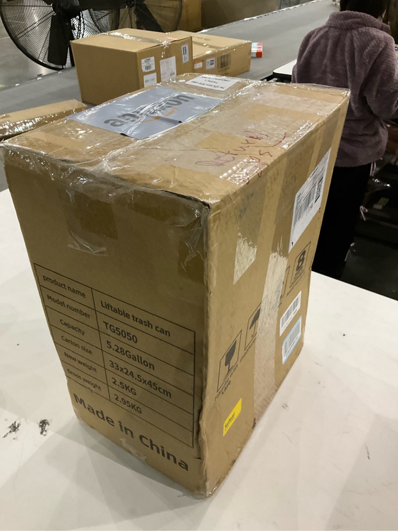 Condition photo showing As Is for Kitchen Trash Can with Lid, Adjustable Height 20L/5.3Gal Rolling Garbage Can on Wheels, Slim Trash Bin Indoor for Bathroom, Bedroom, Living Room & Office - White 20L White