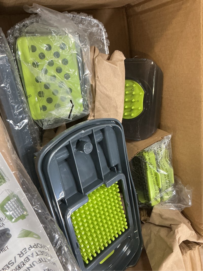 Condition photo showing Good Condition for ourokhome vegetable chopper with container, 8-blade onion chopper & mandolin slicer, 2-lid food dicer with safety lock, veggie shredder grater for kitchen meal prep, kitchen gadgets (8 in 1, gray)