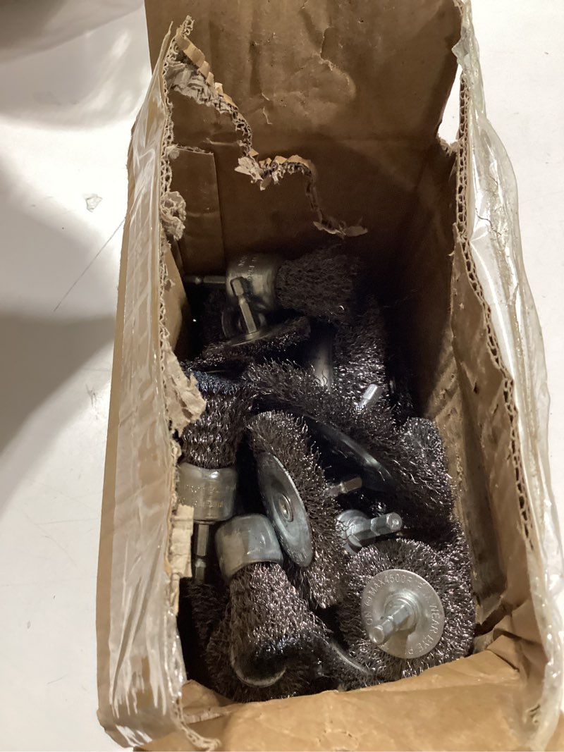Condition photo showing Good Condition for wire wheel cup brush set, 0.012-inch coarse crimped carbon steel, die grinder brush, 1/4in hex shank, 24 pack
