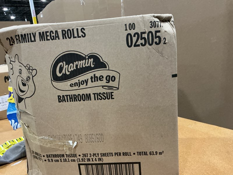 Condition photo showing As Is for charmin ultra soft cushiony touch toilet paper, 24 family mega 24 regular rolls, white family mega 24 rolls (267 sheets)
