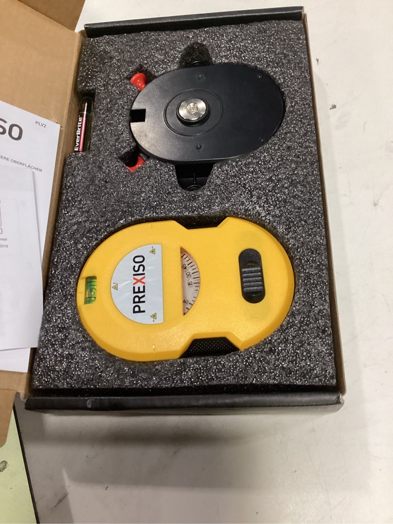 Condition photo showing Good Condition for prexiso multi surface laser level led light vial, 30ft horizontal & vertical line laser with wall mount base, 2 pins, 10 sticker, 2 aa batteries for hanging frames & picture, construction wall writing