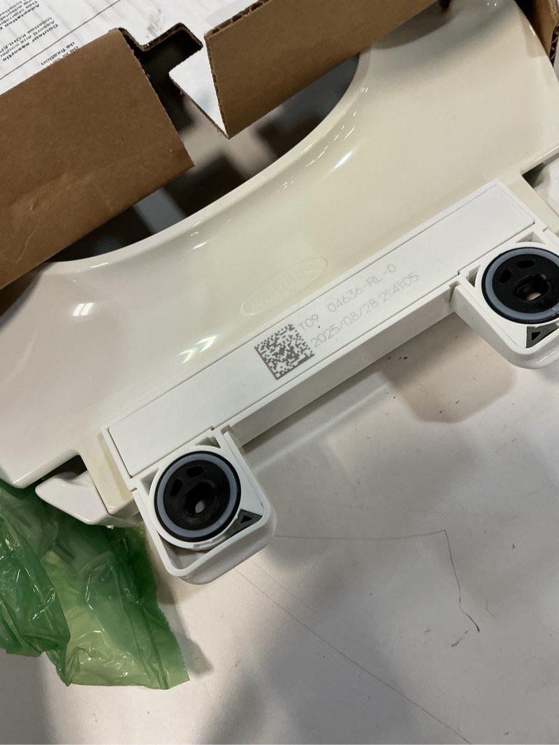 Condition photo showing As Is for kohler 4636-rl-0 cachet readylatch elongated toilet seat slow close, soft close toilet seat quiet lid, contoured grip-tight bumpers installation hardware, apartment essentials, white white elongated ready latch