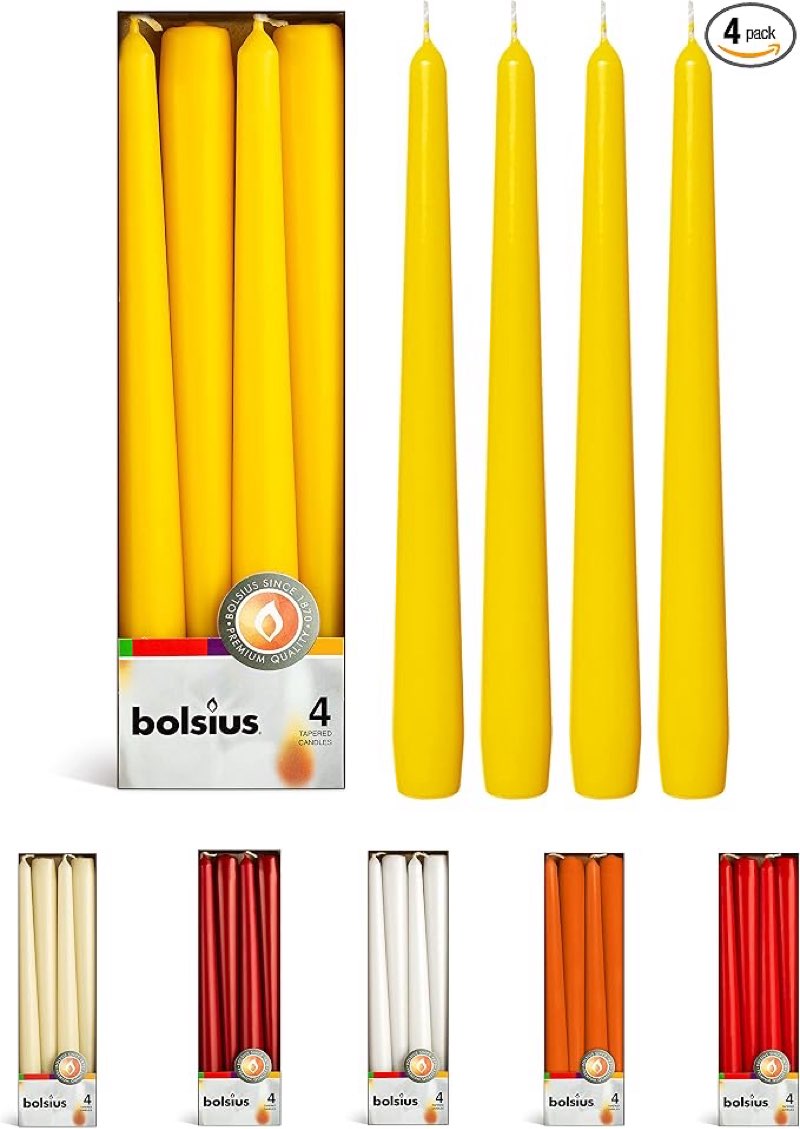 bolsius yellow taper candles - 4 pack unscented 10 inch dinner candle set - 8 hours burn time - premium european quality - smokeless and dripless household wedding, party, and home decor candlesticks