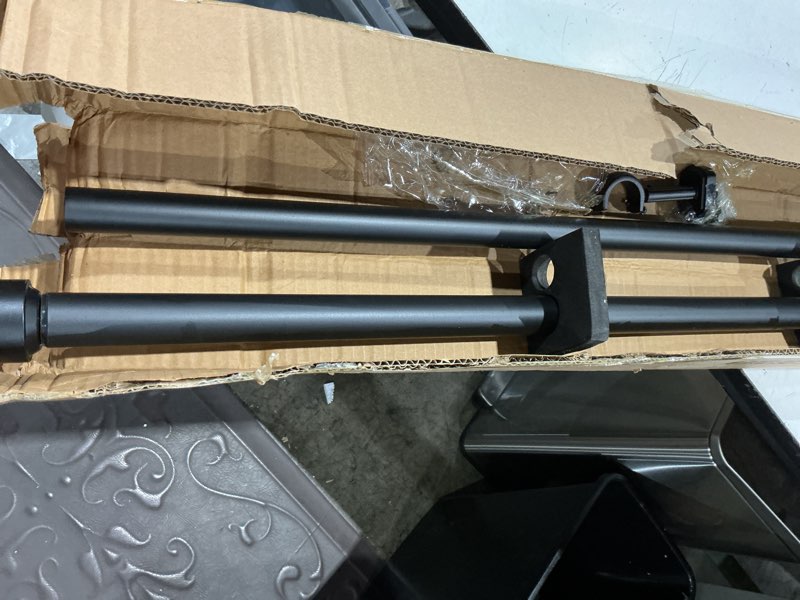 Condition photo showing Good Condition for heavy duty curtain rods, 1 1/8 inch diameter single curtain rod 72-144inch(6-12ft) extendable length with end caps adjustable modern brackets-matte black matte black 72-144"