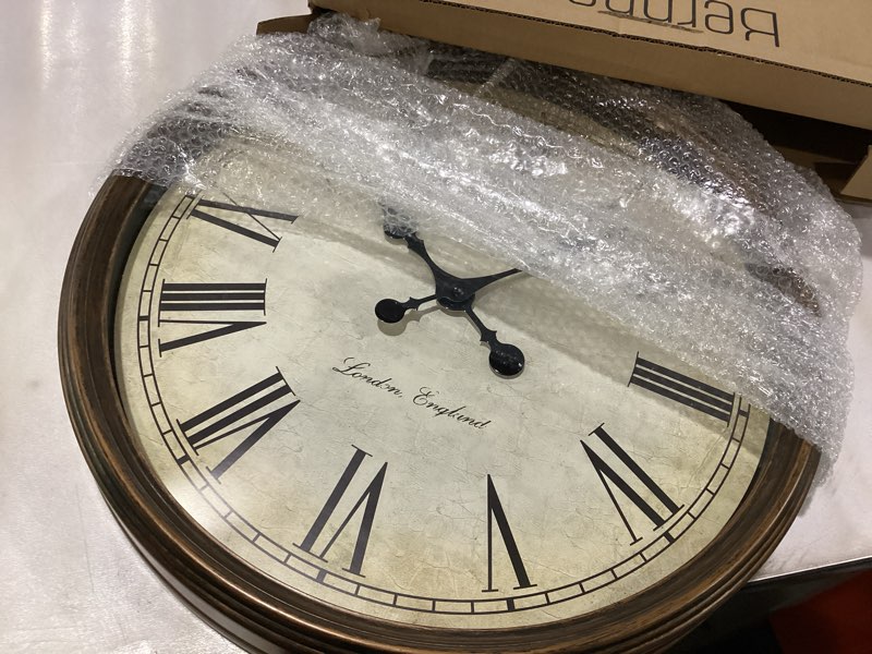 Condition photo showing New/Like New for Bernhard Products Large Decorative Wall Clock 20 Inch Silent Non Ticking Battery Operated Quartz Vintage Stylish with Rustic Dark Brown Rim for Home Living/Dining Room Kitchen & Over Fireplace Rustic Brown