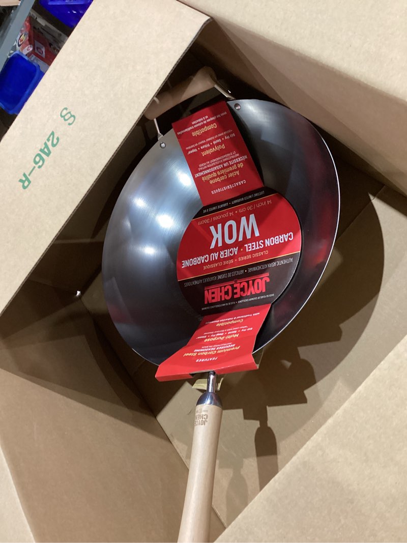 Condition photo showing New/Like New for JOYCE CHEN Classic Series 14-Inch Carbon Steel Wok with Birch Handles 14" Flat Bottom Uncoated Wok