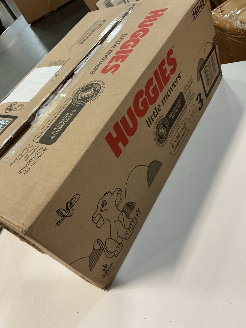 Condition photo showing New/Like New for huggies size 3 diapers, little movers baby diapers, size 3 (16-28 lbs), 168 count (6 packs of 28), packaging may vary