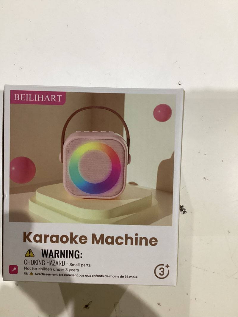 Condition photo showing New/Like New for mini karaoke machine, portable bluetooth karaoke speaker with 2 wireless microphones and party lights for kids and adults, birthday gifts for girls boys family home party black 2 mics