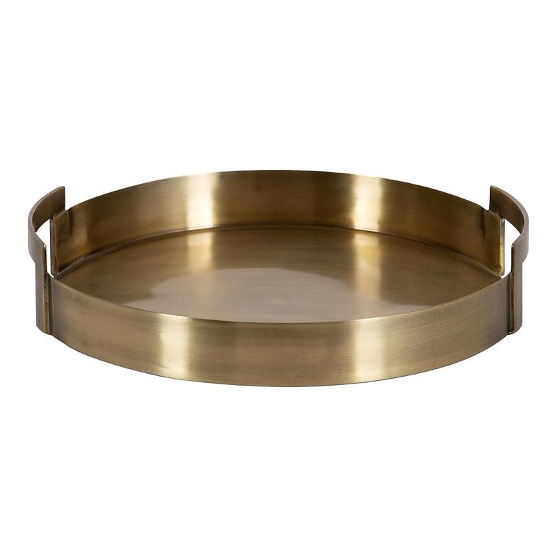 kate and laurel myo transitional metal round tray, 15 x 15, brass, modern glam circular decorative serving tray with handles for storage, display, and decor