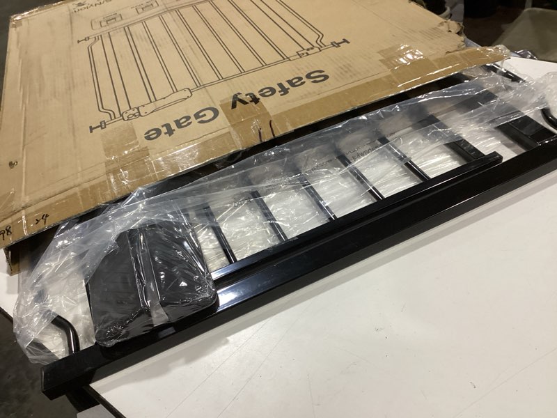 Condition photo showing As Is for Extra Wide Black Baby Gate 38.5-43.5 Inch Walk Through Pressure Mounted Safety Gate No Drill Tension Metal Gate for Dog Cat and Infant Toddler