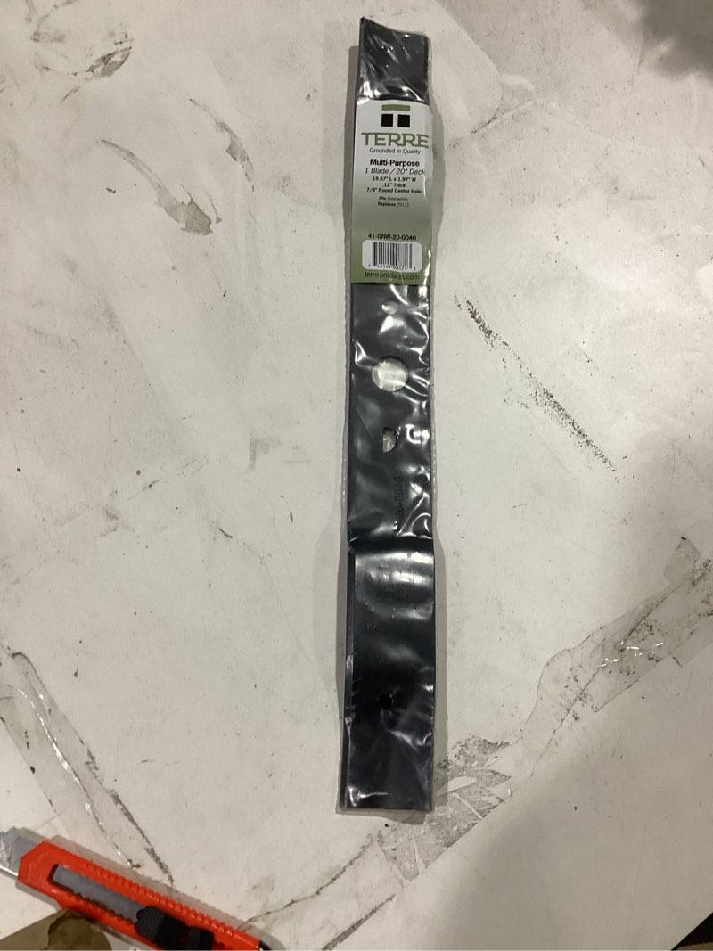 Condition photo showing Good Condition for terre products, single multi-purpose lawn mower blade, 20" deck, compatible with greenworks 25022, 25222 replacement for 29172, 33313250