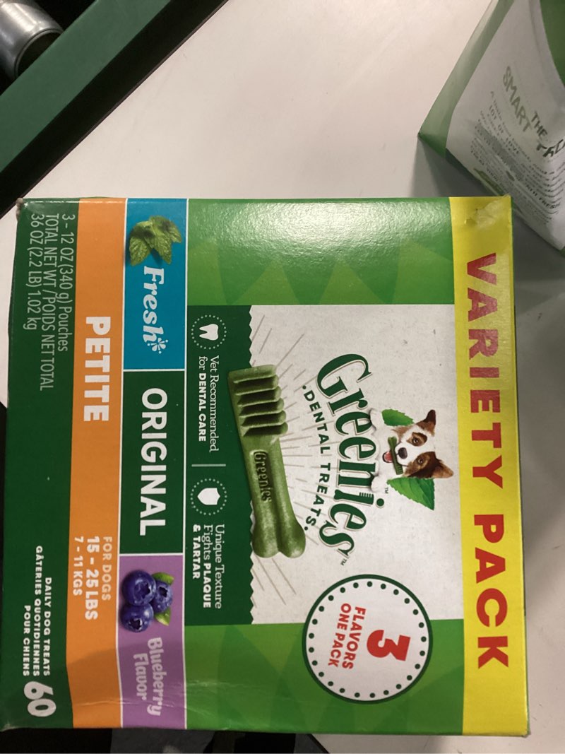 Condition photo showing New/Like New for Greenies Petite Natural Dog Dental Care Chews Oral Health Dog Treats 3-Flavor Variety Pack, (3) 12 oz. Pouches Original 2.25 Pound (Pack of 1)