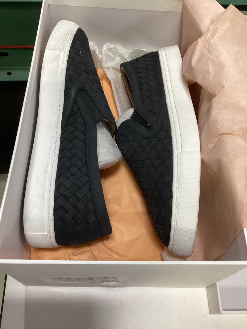 Condition photo showing New/Like New for quince 100% handwoven leather slip on sneaker, 8, black
