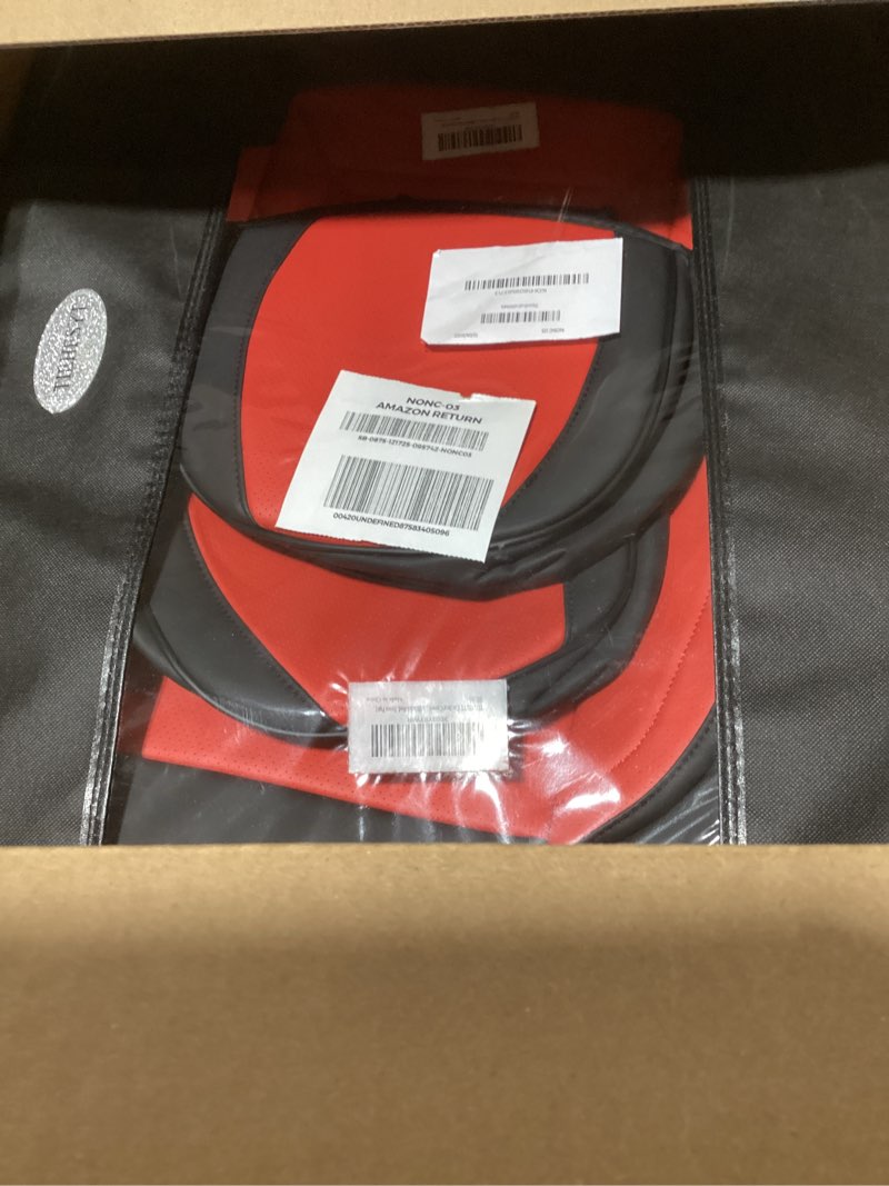 Condition photo showing As Is for Car Seat Covers Full Set, Breathable Leather Automotive Front and Rear Seat Covers & Headrest for Reduce The Driving Fatigue, Compatible with Most Vehicles, Cars (Black&Red, Front Pair) Black&Red Front Pair