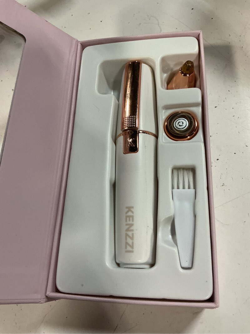 Condition photo showing As Is for kenzzi 2-in-1 rechargeable women’s face electric shaver and facial hair remover with eyebrow trimmer, white and rose gold