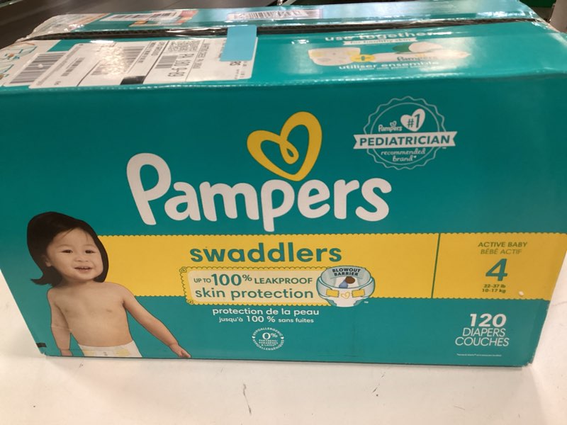 Condition photo showing New/Like New for Pampers Swaddlers Diapers, Size 4 (15-34 lbs), 120 Count, Absorbent, Keeps Baby Dry and Comfortable, Skin Safe Disposable Baby Diaper (Packaging May Vary) Size 4 120