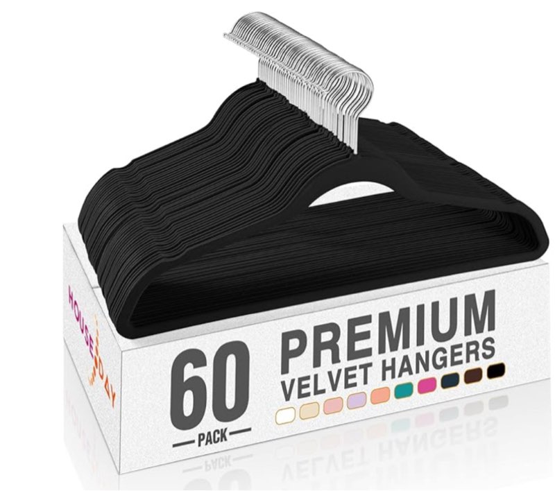 HOUSE DAY Black Velvet Hangers 60 Pack, Non Slip Clothes Felt Hanger Heavy Duty for Coat, Premium Slim Space Saving Suit Hangers for Closet Organizer, 360° Rotating Silver Hook