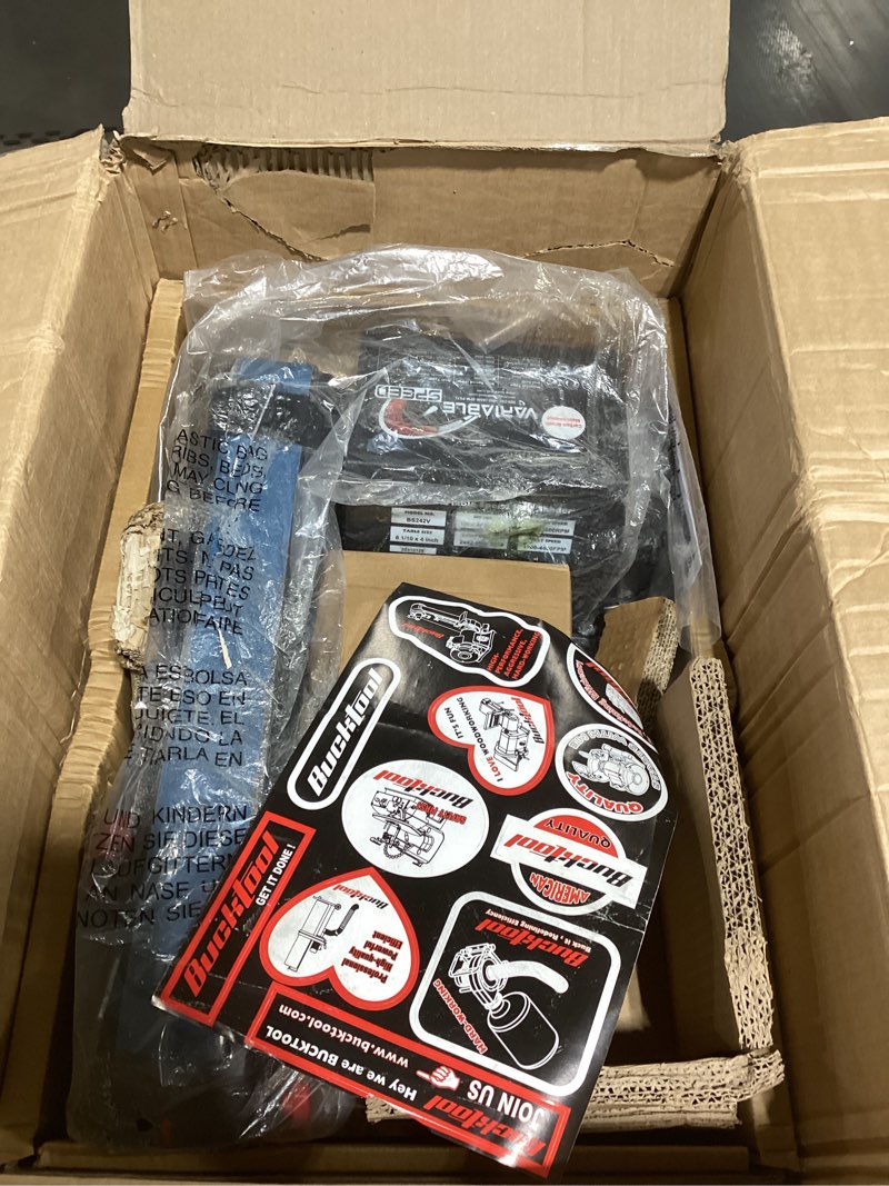 Condition photo showing As Is for bucktool variable speed 2×42 inch belt sander 3.5a dc motor with control panel, quick belt release, adjustable foot, horizontal or wall-mountable bench machine for knife making and metalworking 2" x 42" belt